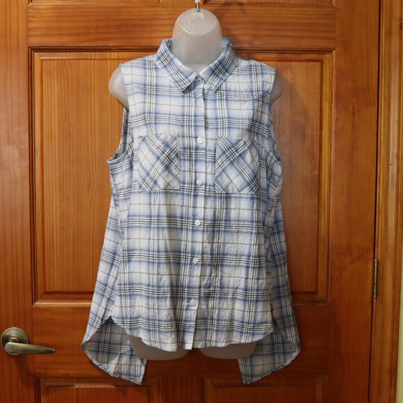 YA Los Angeles Blue White Tan Plaid Sleeveless Button-Up Top L NWT - Picture 1 of 13